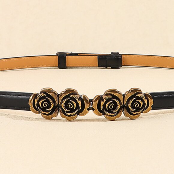2/$30 Black Faux Leather Belt Gold Floral Rose Buckle Thin Waist Accessory Dress - Picture 7 of 8
